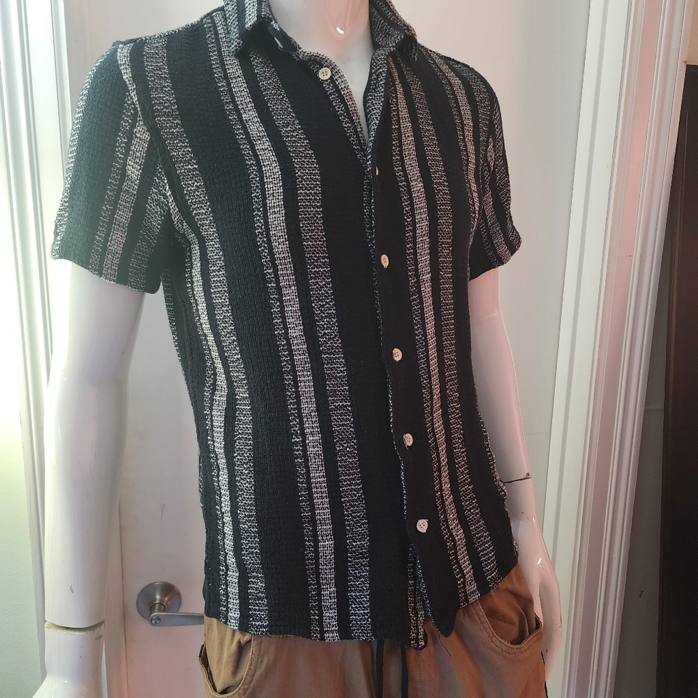 Zara Striped  Shirt Mens A11  Black Gray Short Sleeve Cotton Linen Mediun